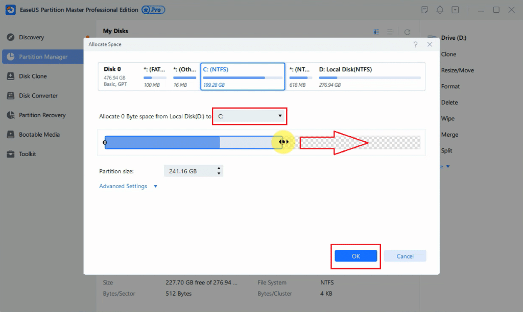 Allocate space to extend partition