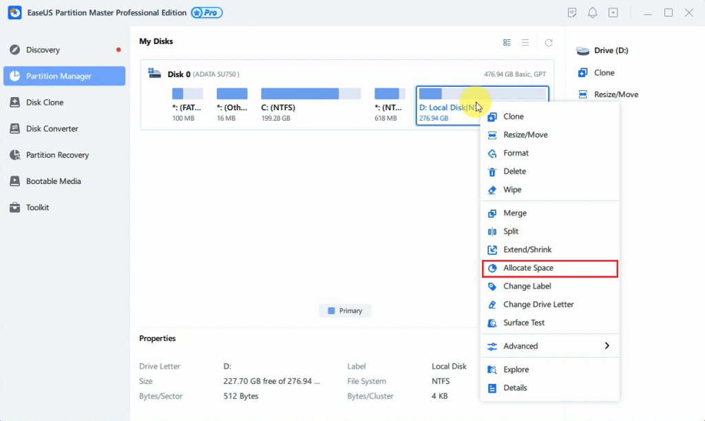 Select partition to allocate space