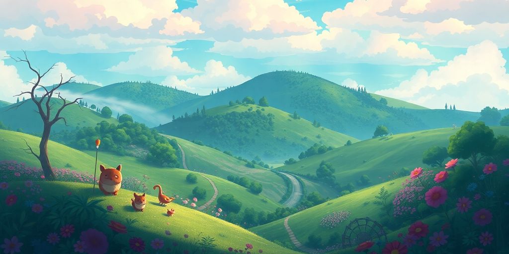 Whimsical Ghibli-inspired landscape with vibrant colors and fantasy