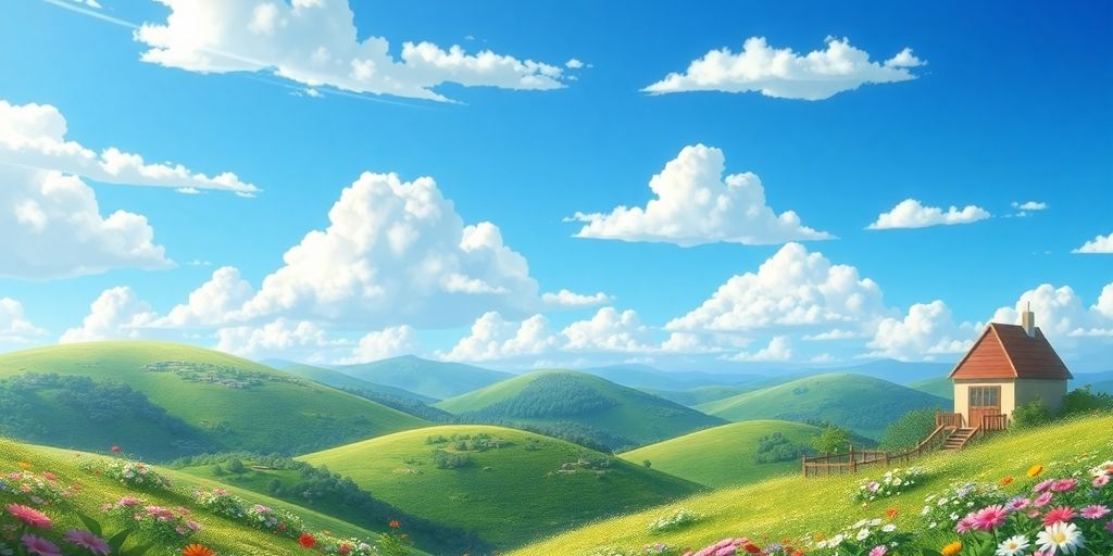 Whimsical Landscape in Ghibli style with vibrant colors