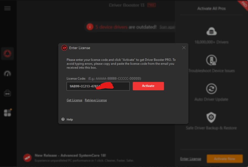 Activate driver booster 13 with key